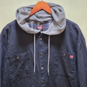 Wrangler Jacket Mens 2XL Navy Blue Canvas Workwear Hooded Button Front Lined